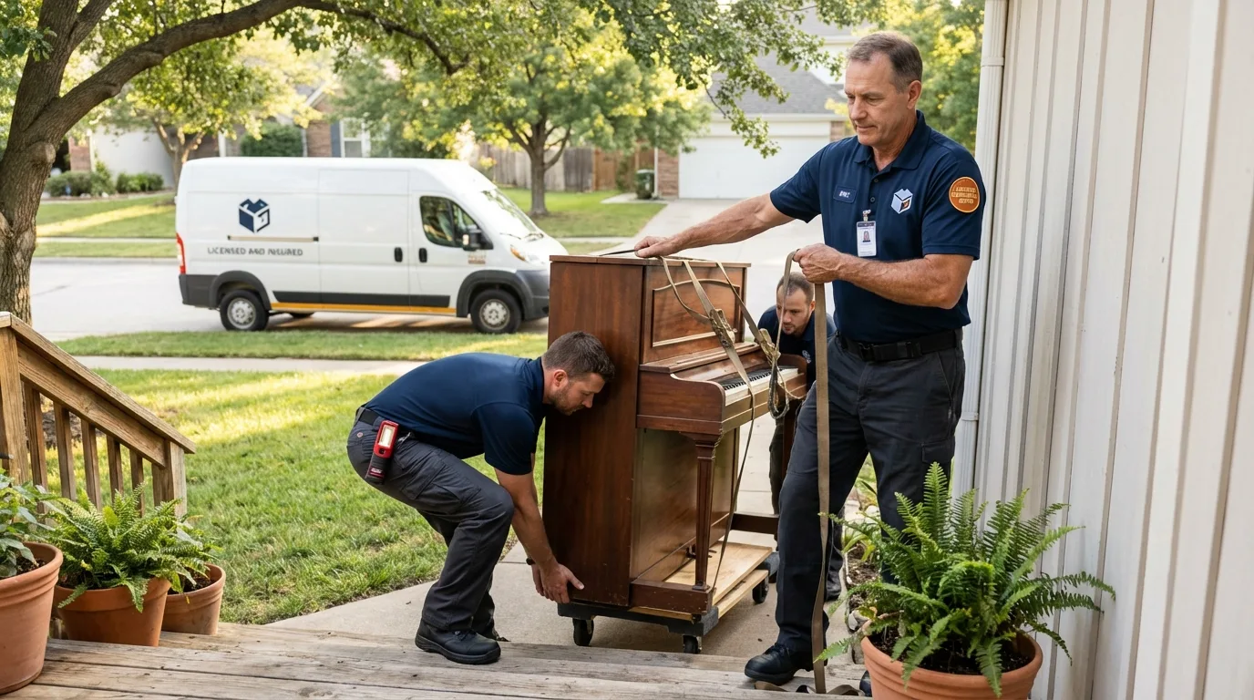 Licensed piano movers securing grand piano in Romney, WV