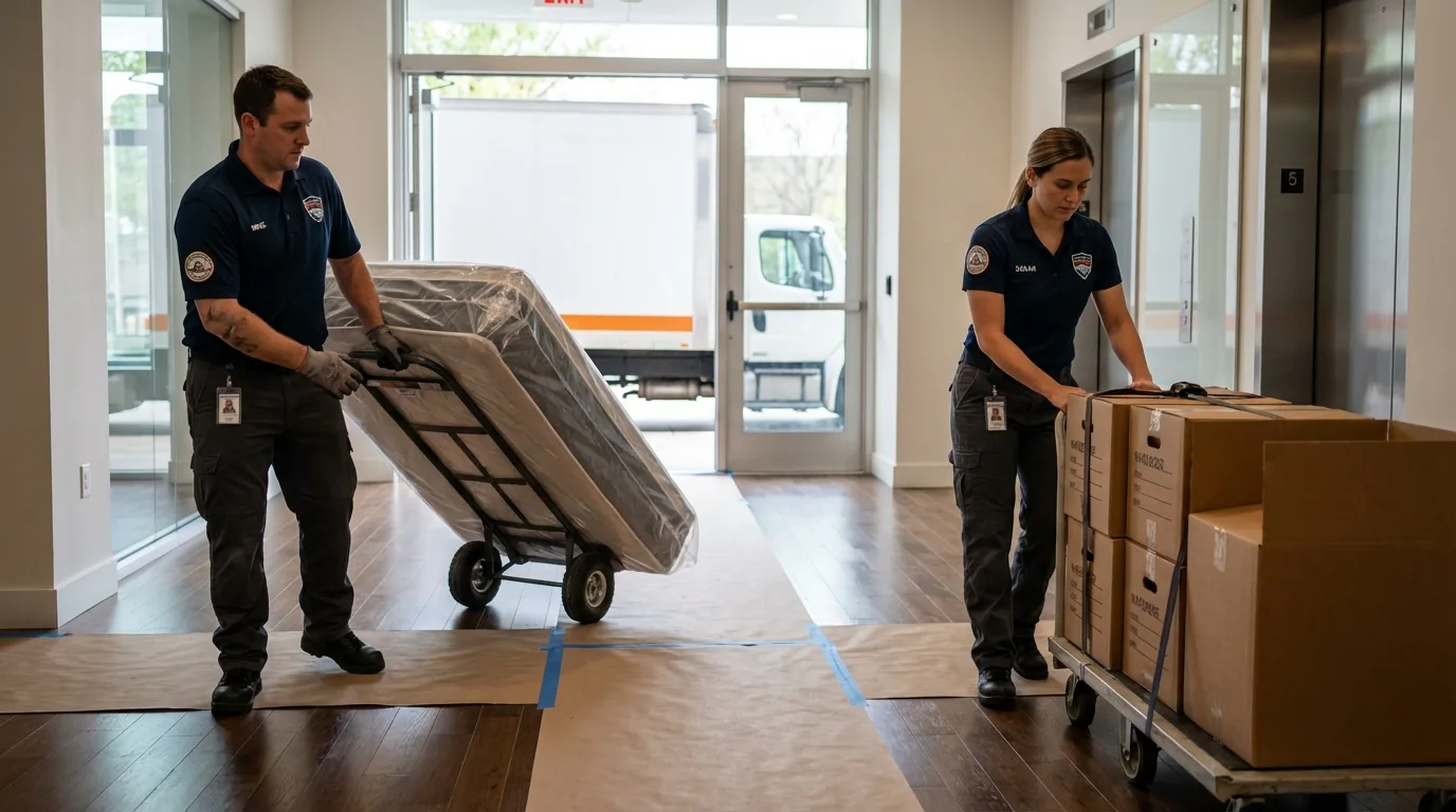 Professional apartment movers loading elevator in Romney, WV