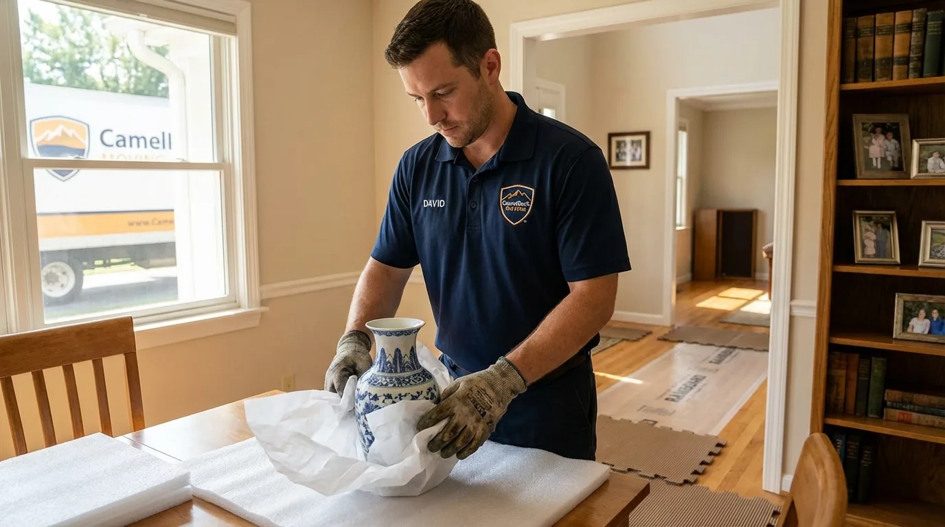 Professional crew carefully wrapping antique vase for senior downsizing move in Romney, WV